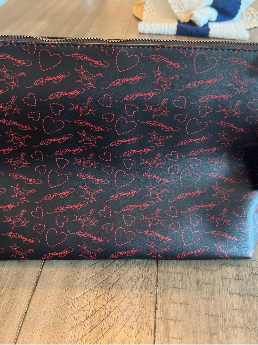 Ed Hardy Black Cosmetic Case with Multicolored Studded Tattoo Motif